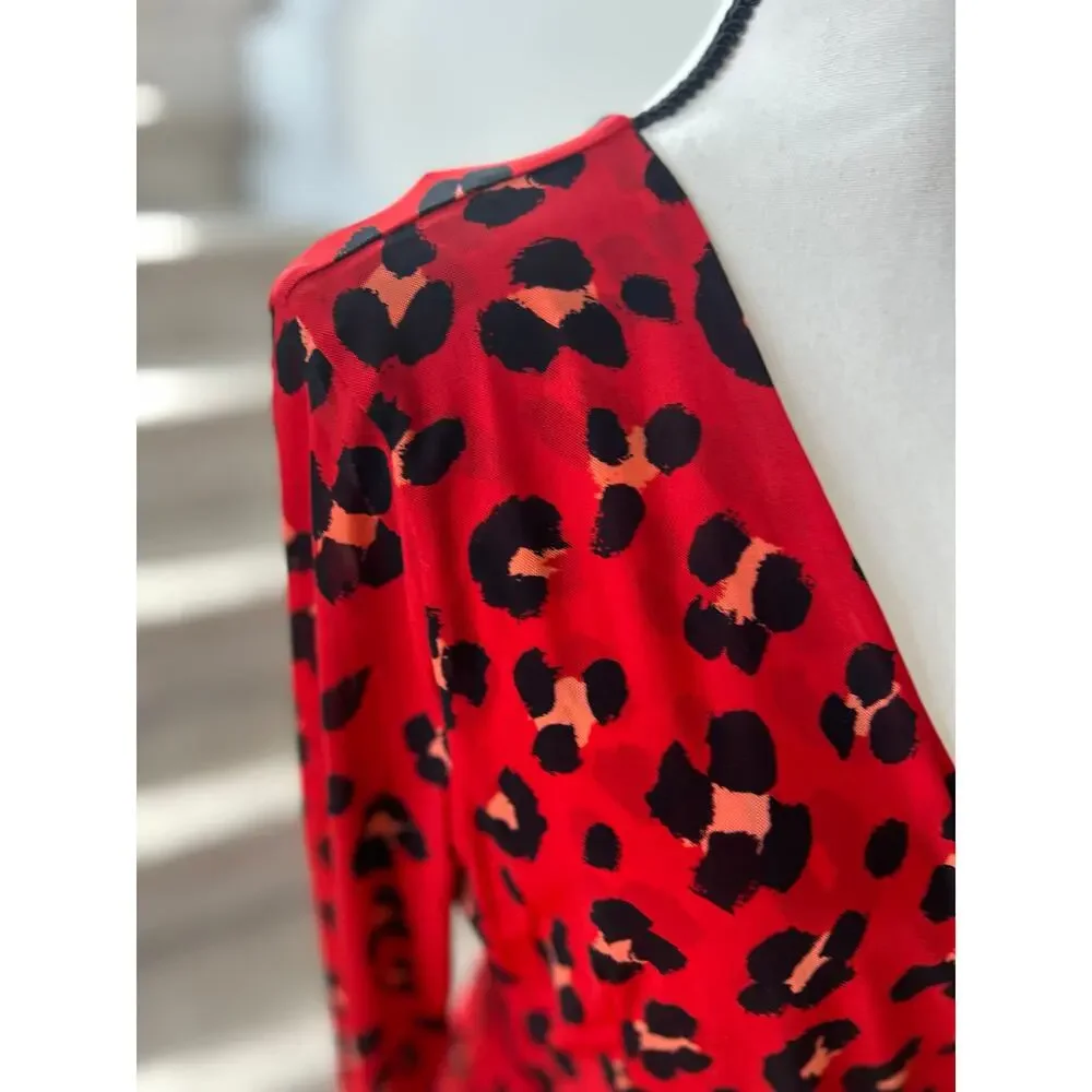 NWT Cabi Siren Wrap Dress Red Leopard Print Midi Long Sleeve - Picture 2 of 8